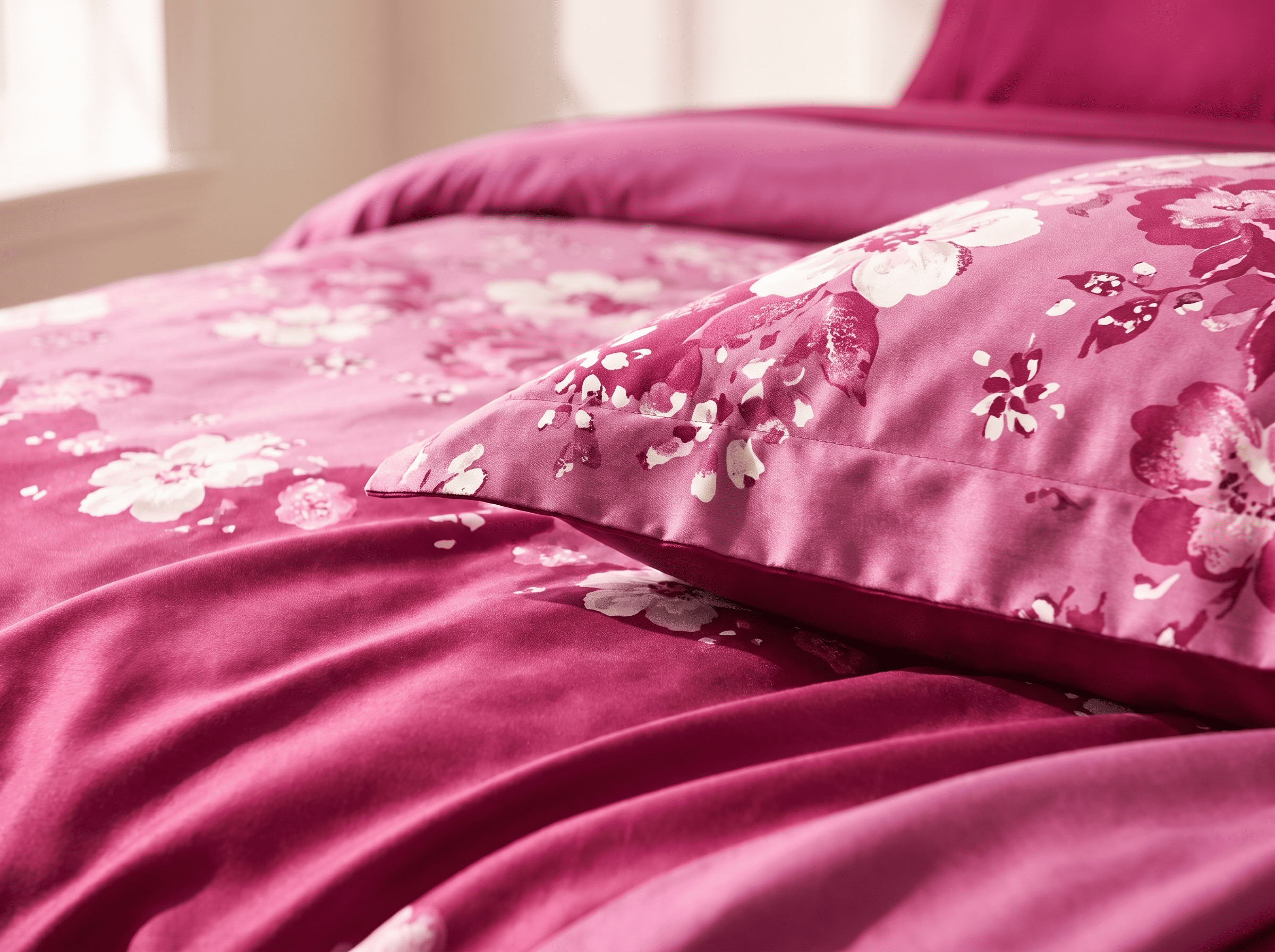 Detalle de la estampa floral y el satén del juego Casatex 2600 fucsia