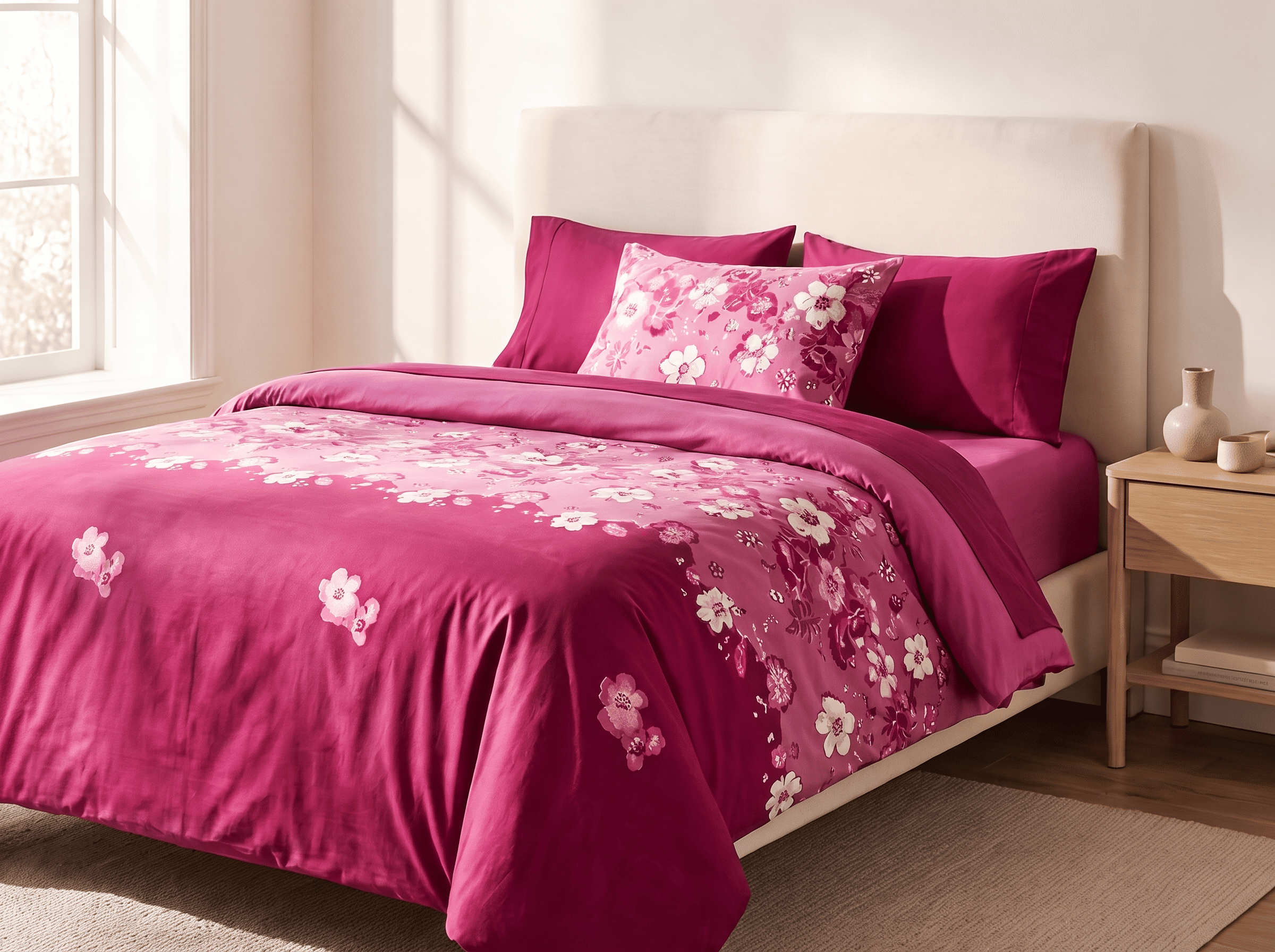 Cama de 2 plazas vestida con el juego Casatex 2600 fucsia floral