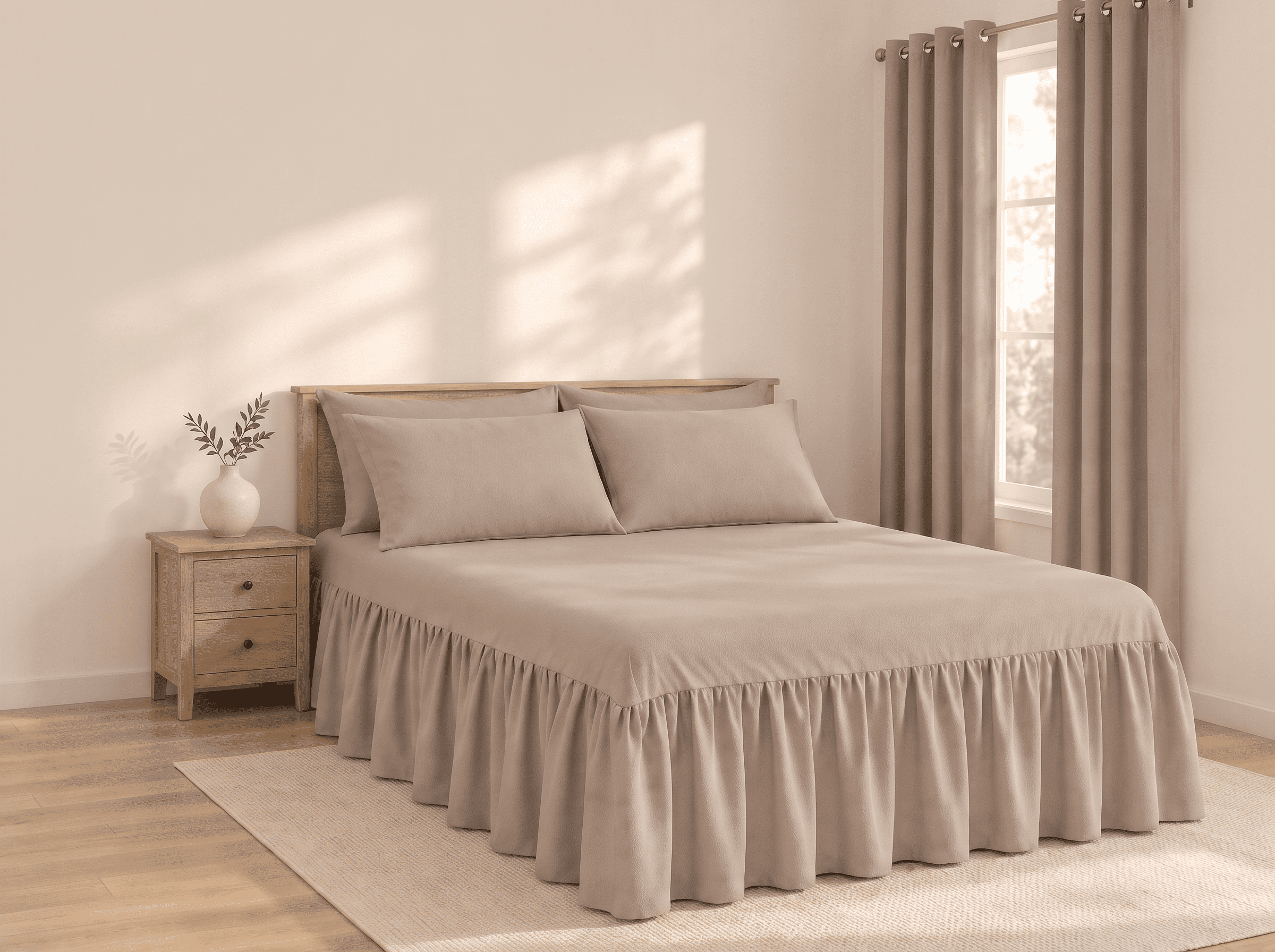 Cama vestida con el juego Goldsun beige claro y fald&oacute;n