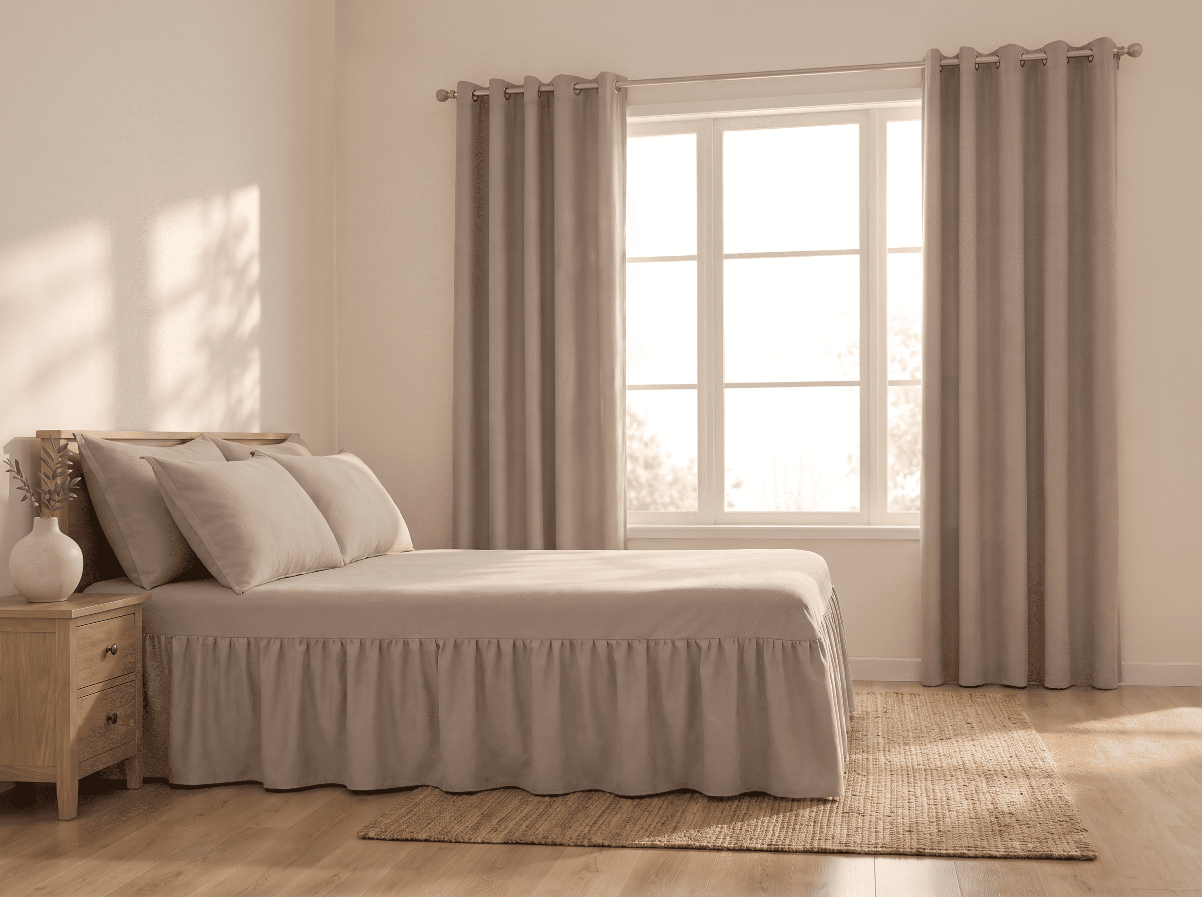 Dormitorio con la cama y las dos cortinas a juego del set Goldsun beige claro